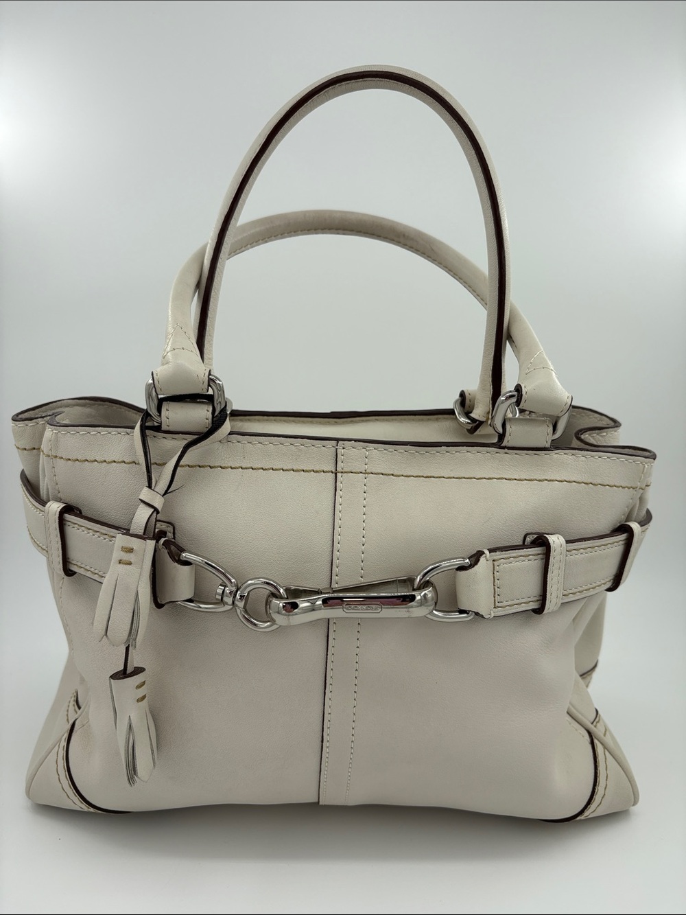 Vintage Coach Cream Leather Satchel with Silver Hardware and Tassel